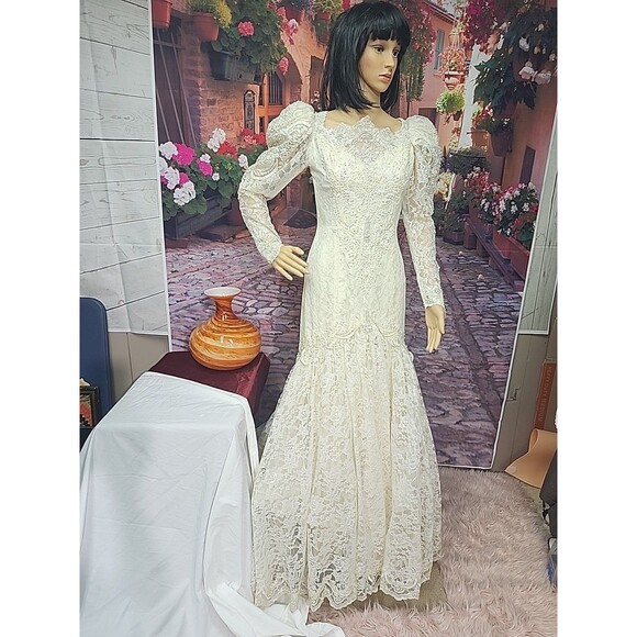 vintage Y2K Ivory Cream Satin beaded n Lace w/ sequin boho Maxi Dress S - Picture 1 of 9